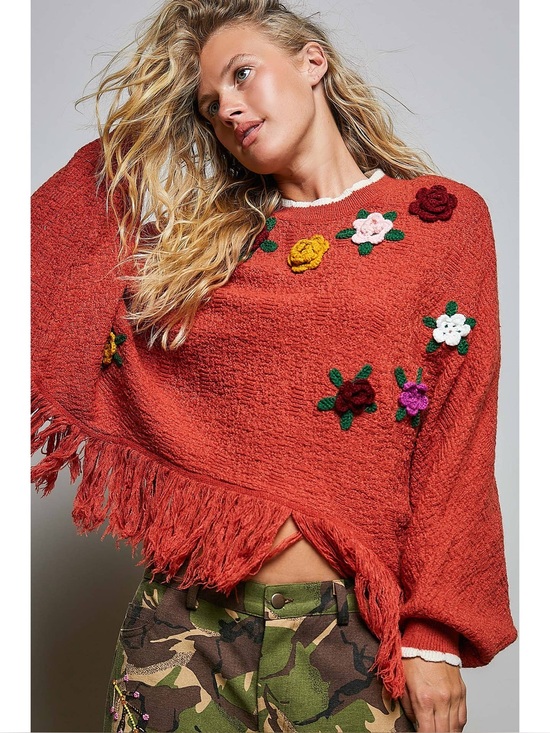 POL Sweaters - POL Rust Crochet Floral Fringe Hem Boho Oversized Sweater